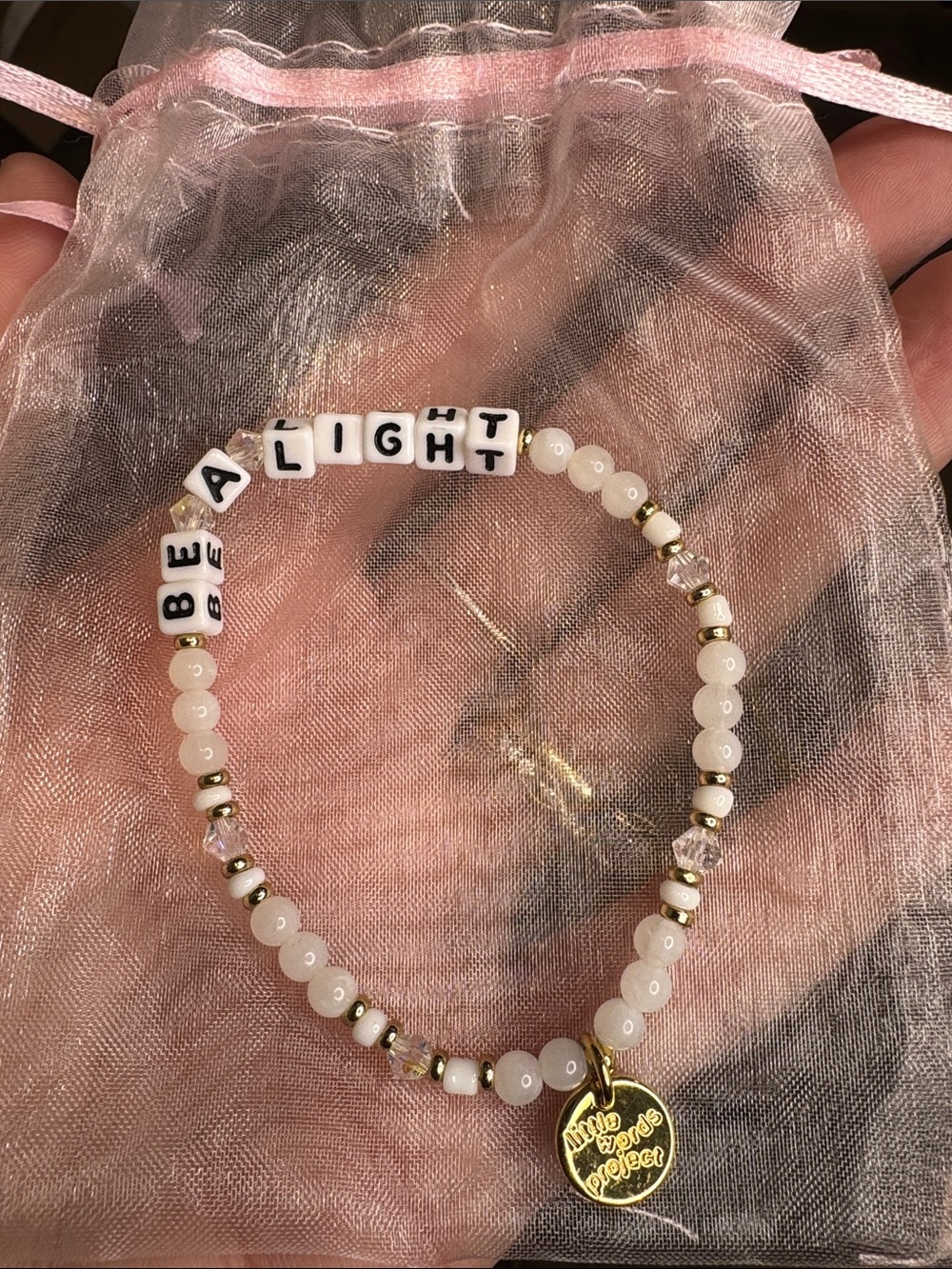 Pink Beaded 'Be A Light' Bracelet with Gold Charm CB